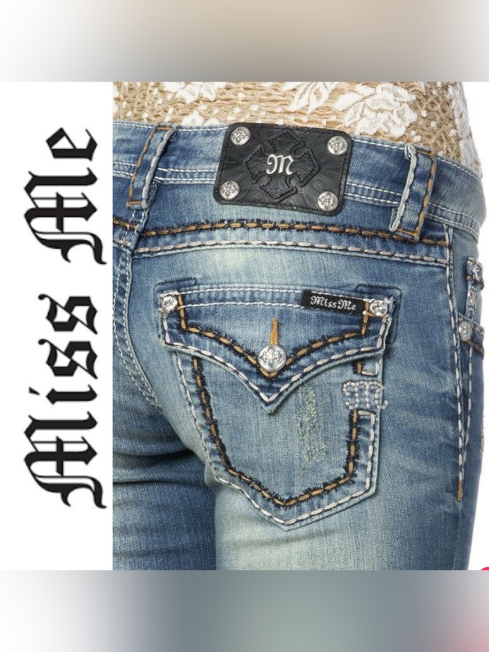 Miss Me Women's Y2K Low-Rise Cropped Embroidered Denim Jeans- 30